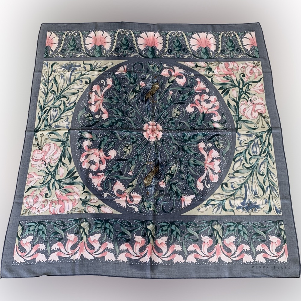 Vintage Perry Ellis 100% Wool Art Nouveau Floral Scarf